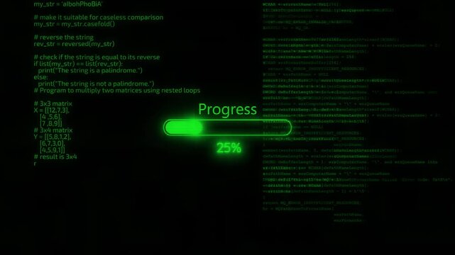 Software loading progress interface visual green bar, programming script layers, dark cyber screen style. for app updates, coding tutorials, system startup videos, 19 explainers, motion
