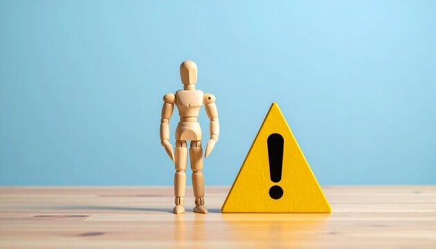 Simple wooden mannequin and yellow warning symbol illustrating danger awareness, occupational safety, public alerts, and preventive action concepts.