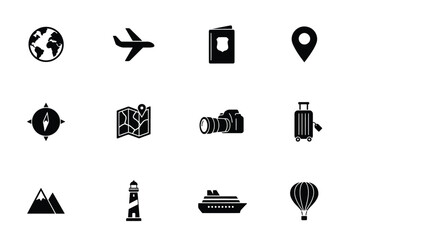 Minimalist travel with high contrast set twelve black silhouette icons representing diverse travel related themes against neutral background © Parthokumar