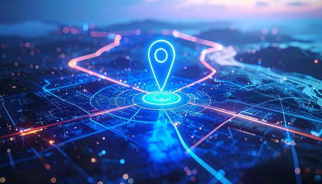 Glowing GPS location pin over a connected digital landscape, representing navigation systems, location tracking, smart city technology, and geographic information services.
