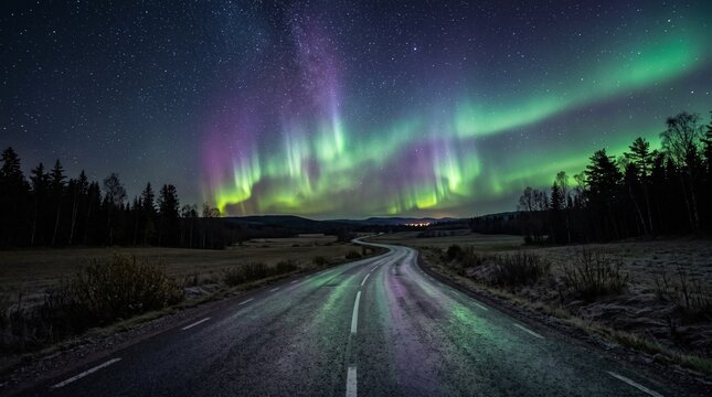 Northern lights aurora borealis over empty winter road. Vibrant green and purple night sky display on remote highway at dusk.