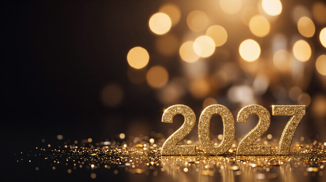 Golden Glittering 2027 Numbers on Dark Background with Golden Bokeh Lights - Happy New Year Celebration