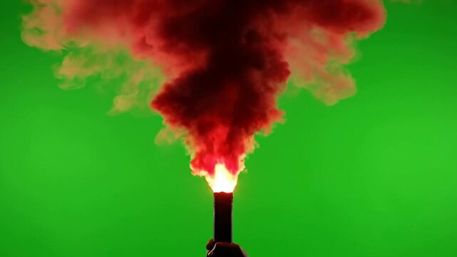 Handheld emergency flare emitting thick red smoke isolated on green screen for easy compositing and visual effects