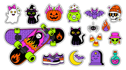 Set of colorful halloween stickers featuring a skateboard ghost cat pumpkin skull bat and various spooky holiday elements © Ashok