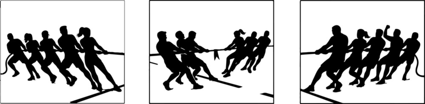 Silhouettes of people competing in a tug of war game with competition teamwork challenge strength silhouette cooperation physical tournament recreation