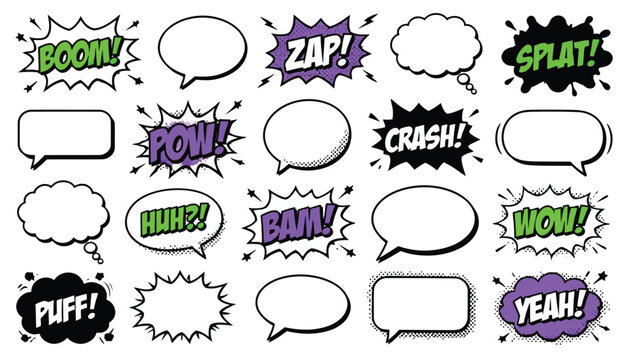 Adobe IlluSet of comic speech bubbles with various expressions and sound effectsstrator Artwork