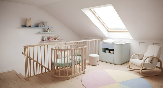 Modern nursery room with crib changing table rocking chair and colorful floor rug under skylight