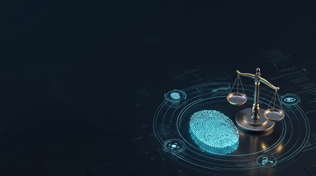 
Futuristic Digital Fingerprint and Justice Scale With Biometric Legal Security and Large Minimal Copy Space