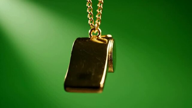 Golden whistle hanging on chain rotating against green background, symbol of leadership, sports coaching, and, fair play concept