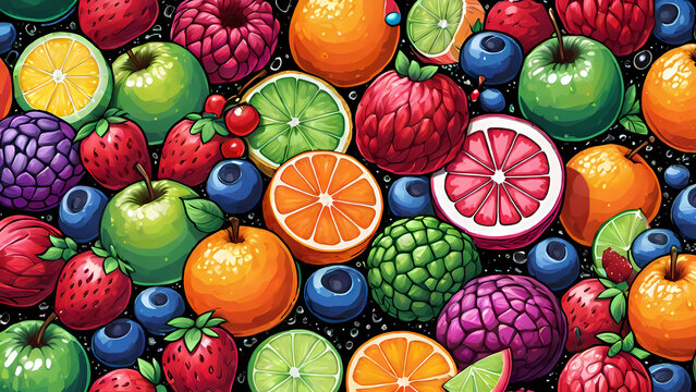 Seamless pattern of vibrant digital fruit illustrations featuring oranges green apples and exotic berries over a dark background
