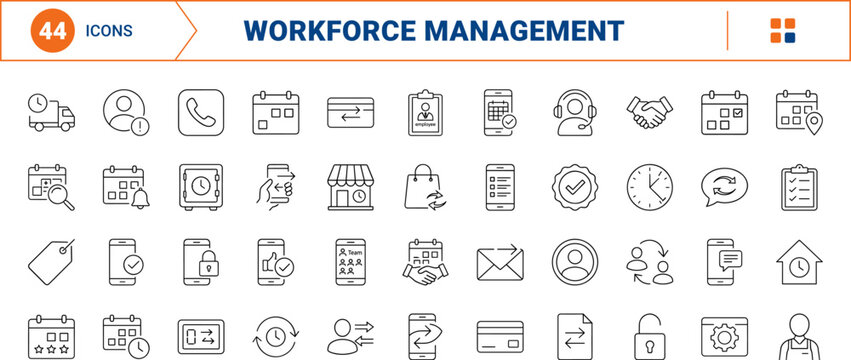 Business management line icon set. Vector pictograms of schedule, employee, communication, and management elements, thin linear illustration.