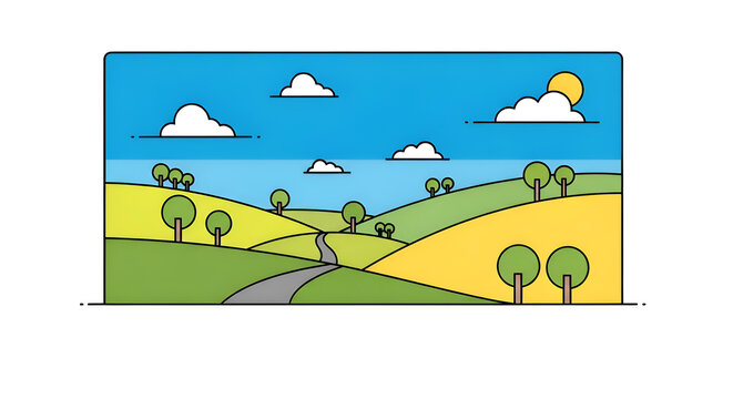 Stylized landscape illustration of rolling green and yellow hills under a blue sky with clouds and sun