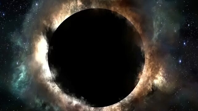 Astronomical depiction of a distant black hole with luminous accretion disk surrounding a dark singularity in a nebula
