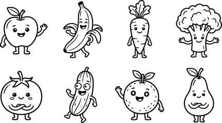 Fototapeta premium Cute Fruit and Vegetable Character Vector Collection with Apple Banana Broccoli and Orange Icons