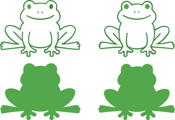 Fototapeta premium Cartoon frog illustrations showing outlined and solid green versions for design comparison matching and educational activities