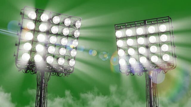 Stadium floodlights shining brightly against green background, with lens flare, and fog effect, for sports event atmosphere