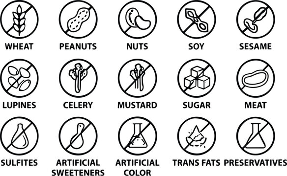 Food allergen free icons collection showing wheat peanuts nuts soy sesame lupines celery mustard sugar meat sulfites sweeteners color trans fats preservatives