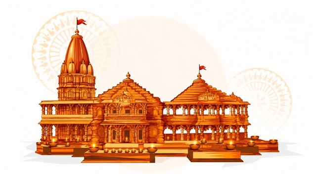 Golden Hindu Temple Illustration with Illuminated Oil Lamps Traditional Indian Spiritual Architecture