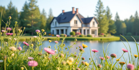 Fototapeta premium meadow flowers on the background of a lake with a beautiful fairy-tale house