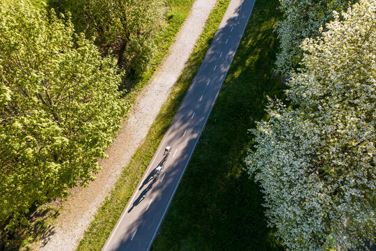 Cyclists riding road bikes on a sunny, paved nature bike trail , aerial view in the Julian Alps, Tarvisio, Camporosso, Friuli Venezia Giulia, Italy. Enjoy nature.