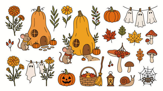 Set of cute autumn and halloween elements featuring pumpkin houses mice ghosts mushrooms and fall foliage stickers