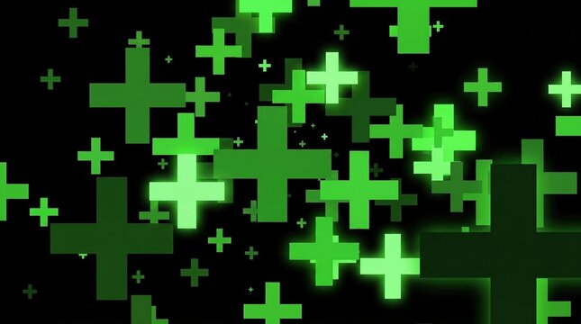 Abstract green plus signs on a black background with glowing effect