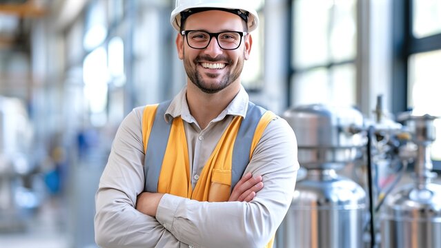 Happy industrial engineer or technician smiling, wearing a hard hat, glasses, and a safety vest, with his arms crossed inside a modern manufacturing factory or chemical plant