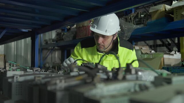Male industrial engineer holding digital tablet while inspecting spare parts inventory on storage shelves in factory warehouse.