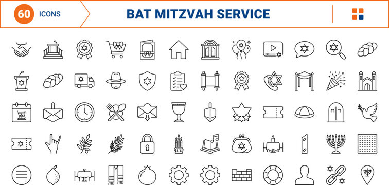 Bat mitzvah service line icon set. Vector pictograms of religion, event, ritual, and celebration elements, thin linear illustration.