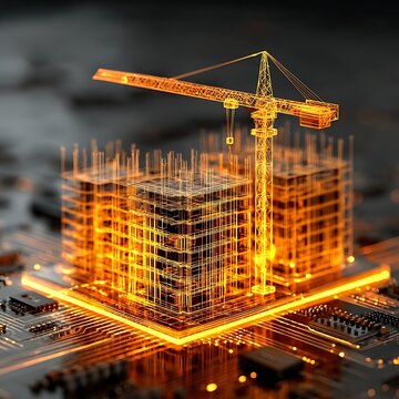 Digital construction wireframe model featuring glowing orange tower crane and building framework positioned on high tech glowing microchip circuit board platform