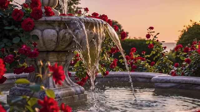 Elegant Stone Fountain Surrounded by Bright Red Geraniums in a Sunlit Garden