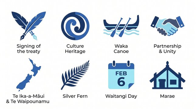 Flat Icons Representing New Zealand Culture And Treaty Signing