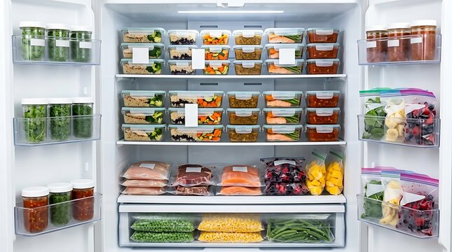 Organized refrigerator filled with healthy meal prep containers
