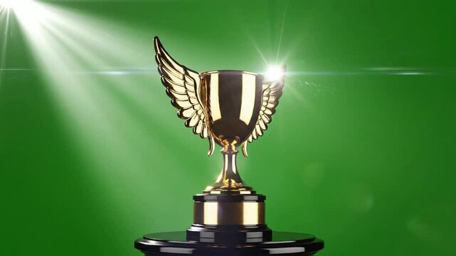 Golden winged trophy on green screen background, with cinematic light, flares for success, and achievement concepts