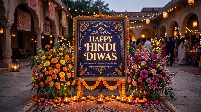Hindi Diwas, Hindi Diwas celebratory poster with artistic festive accents.