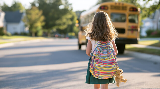 Young schoolgirl with colorful backpack watching school bus on quiet suburban street before class