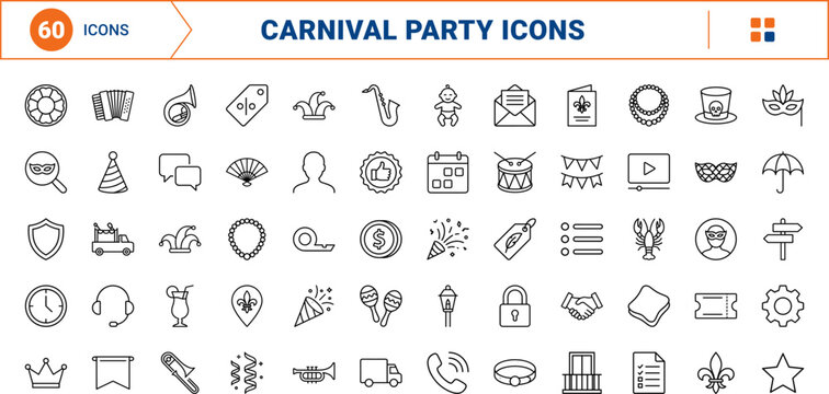 Mardi gras line icon set. Vector pictograms of carnival, masquerade, mask, and fleur elements, thin linear illustration.