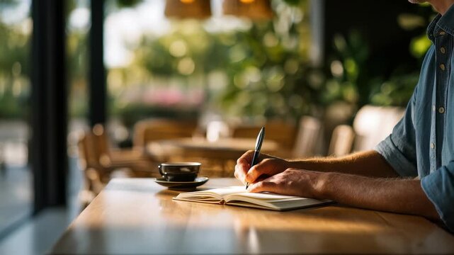 A person writes thoughtfully in a notebook at a cozy cafe table, surrounded by warm natural light and lush green plants. The atmosphere is calm, creative, and inspiring for reflection
