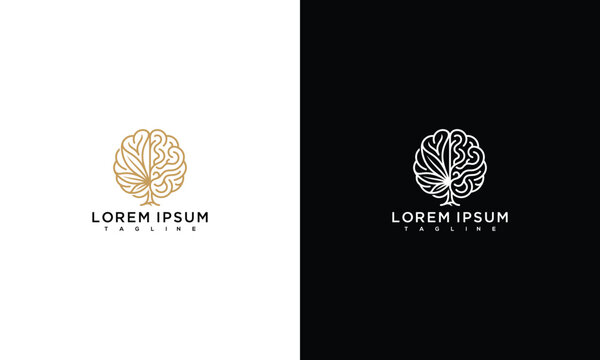 Elegant Line Art Brain Tree Leaf Logo Design Concept