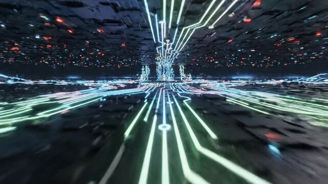 Futuristic digital landscape with glowing blue and green circuits