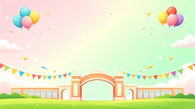 Cartoon campus school gate decorated with colorful balloons and festive bunting flags. Suitable for kindergarten opening posters, back-to-school theme banners, graduation ceremony backgrounds.