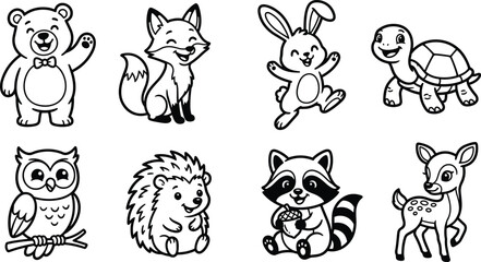 Obraz premium Cute Woodland Animal Character Vector Collection with Bear Fox Rabbit Turtle Owl and Deer
