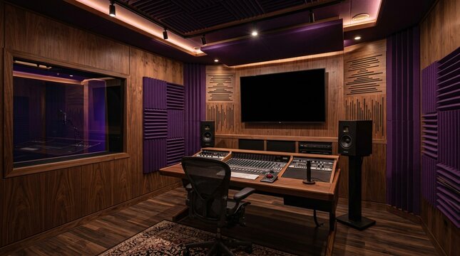 Empty recording studio listening room featuring elegant wood-paneled walls, a dark monitor screen, and deep amethyst purple acoustic panels.