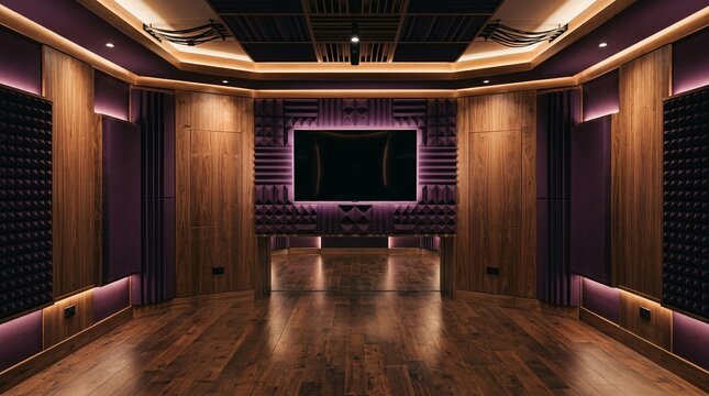 Empty recording studio listening room featuring elegant wood-paneled walls, a dark monitor screen, and deep amethyst purple acoustic panels.