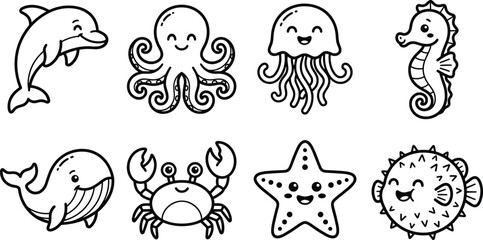Obraz premium Cute Sea Animals Cartoon Outline Vector Set with Dolphin Octopus Whale and Marine Life