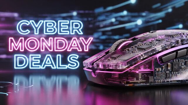 Futuristic gaming mouse beside neon Cyber Monday deals sign