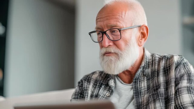 Elderly man with white beard and glasses using a digital tablet at home, enjoying technology and staying connected. Senior male in casual clothes focused on screen in bright modern interior