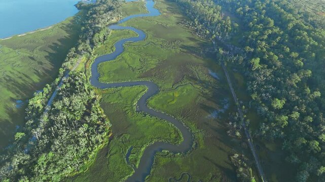 Jekyll Island, Georgia, United States - 18 July 2026: Aerial view of a winding river flowing through lush green salt marshes and dense coastal forest.