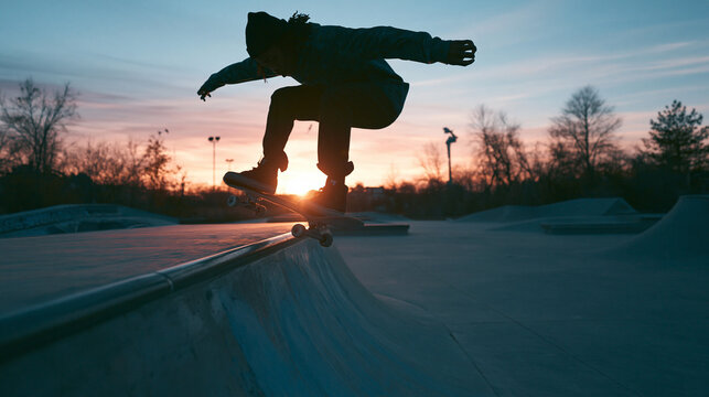 Sunset Skateboarding Action: Urban Skater Freestyle in Dynamic Skatepark Silhouette