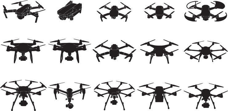 Collection of black silhouette icons representing various types of modern quadcopter drones and aerial surveillance technology